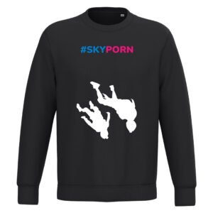 Sweatshirt noir #Skyporn en coton bio GOTS avec visuel parachutistes en chute libre sur la poitrine